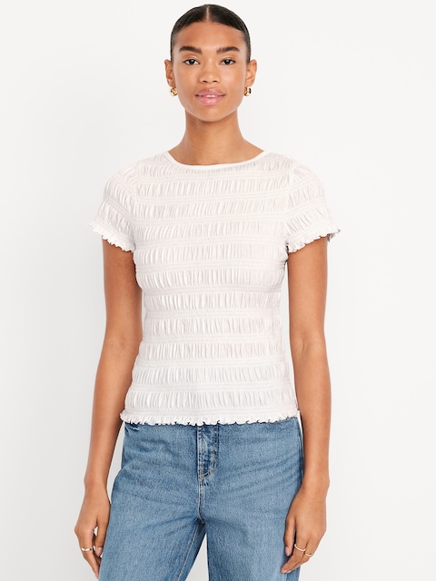 Slit-Neck Smocked Top - White Lilies