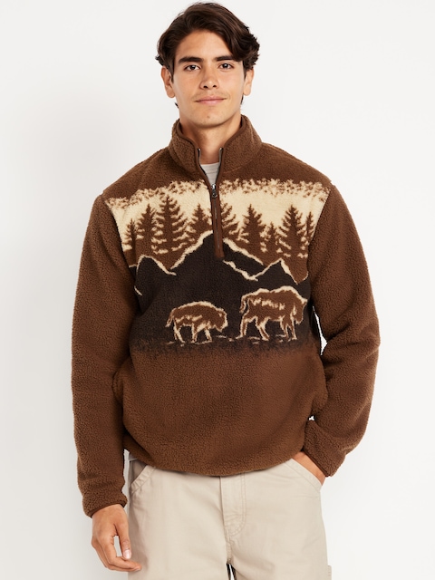Printed Sherpa Quarter-Zip Pullover - Buffalo Herd