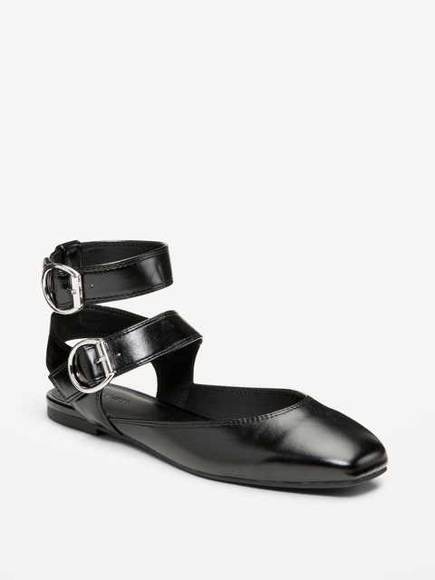 Ballerines plates à bride cheville double en similicuir pour femme - Noir De Jais