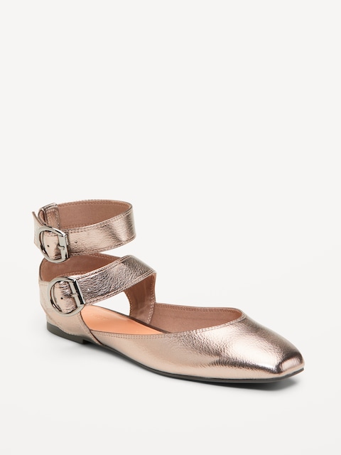 Ballerines plates à bride cheville double en similicuir pour femme - Étain