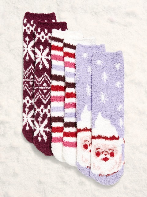 3-Pack Cozy Crew Socks for Women - Purple Mugs/Stripes/Snowflakes