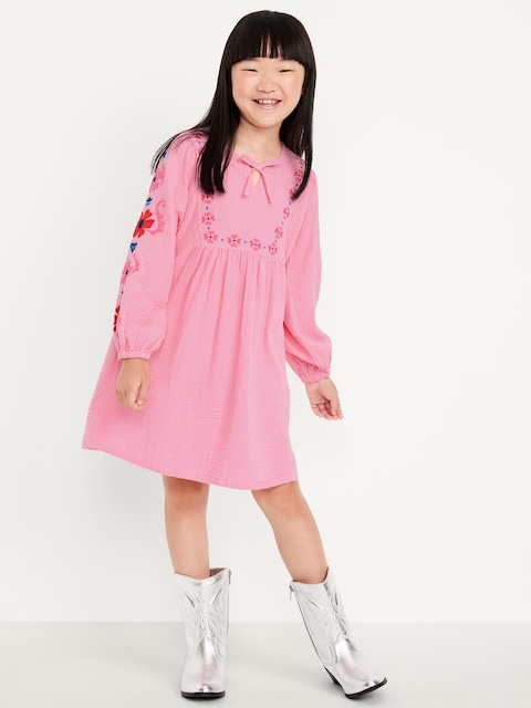 Long-Sleeve Double-Weave Embroidered Swing Dress for Girls