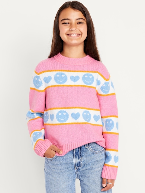 SoSoft Printed Mock-Neck Sweater for Girls - Smiley Hearts