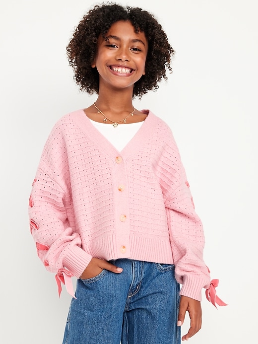 Image number 1 showing, SoSoft Bow-Tie Cardigan Sweater for Girls
