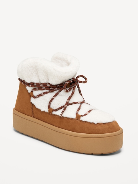 Cozy Lace-Up Platform Booties for Women - Camel