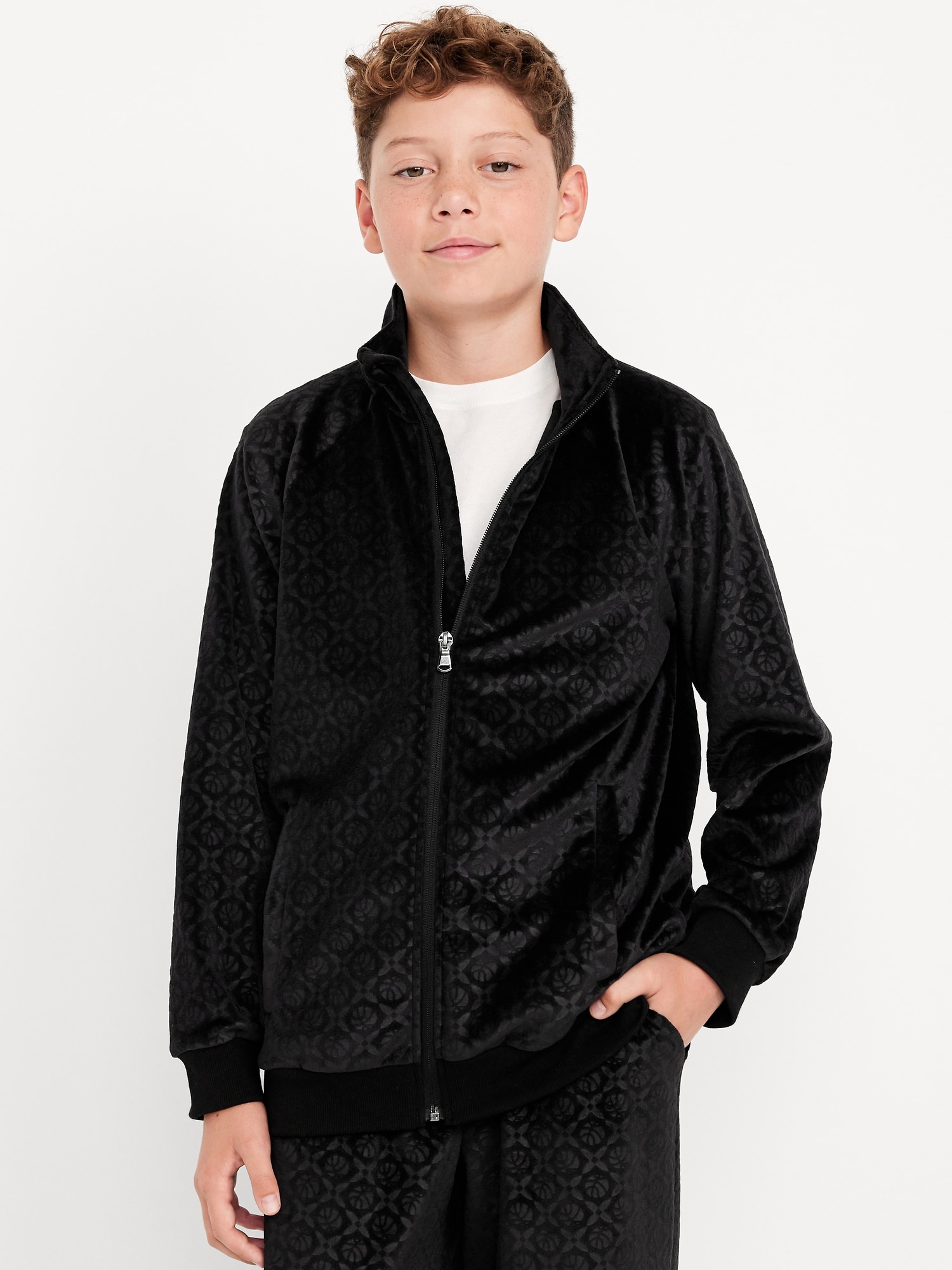 Oversized Embossed Velour Track Jacket for Boys