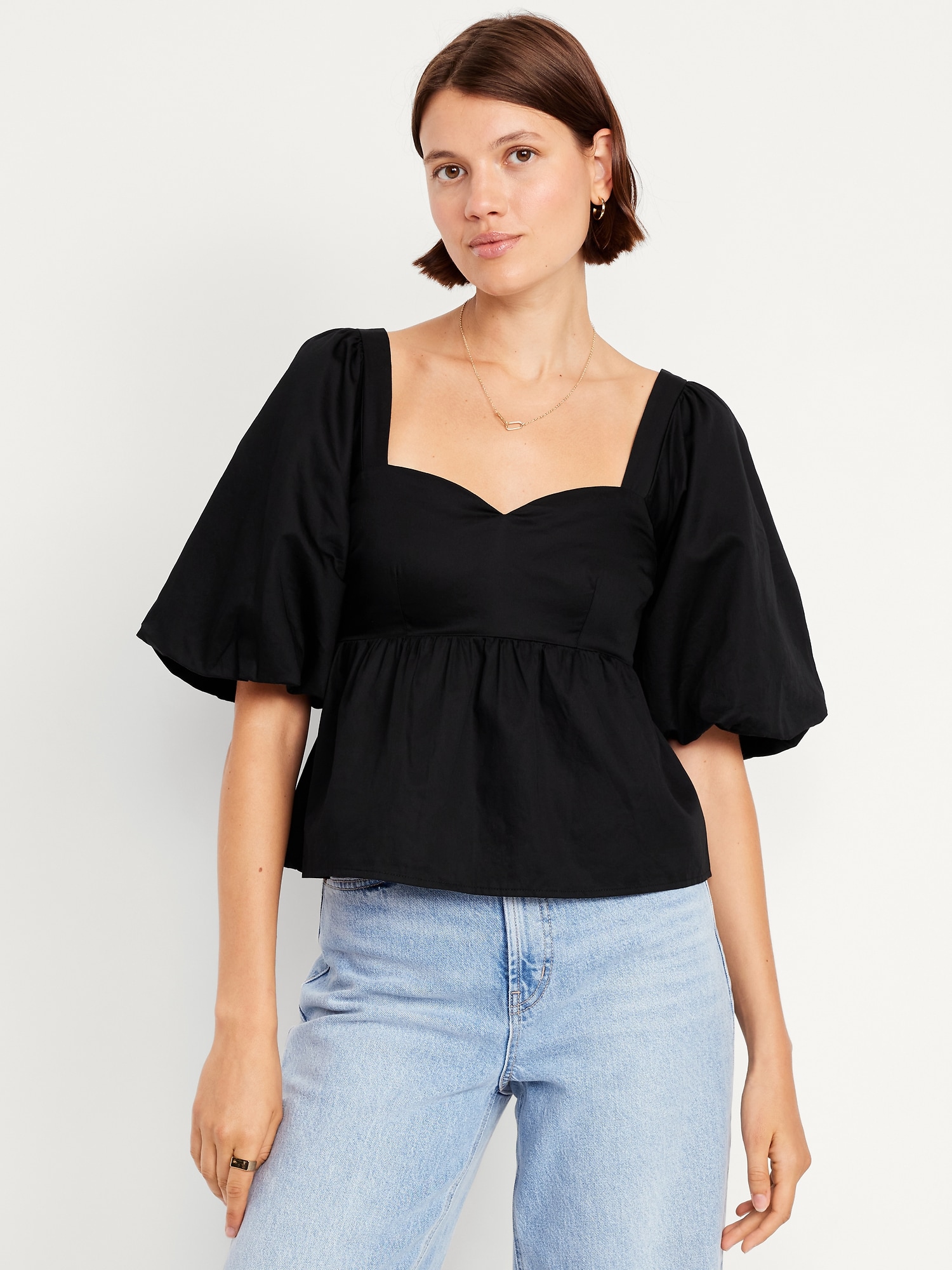 Puff-Sleeve Poplin Peplum Top