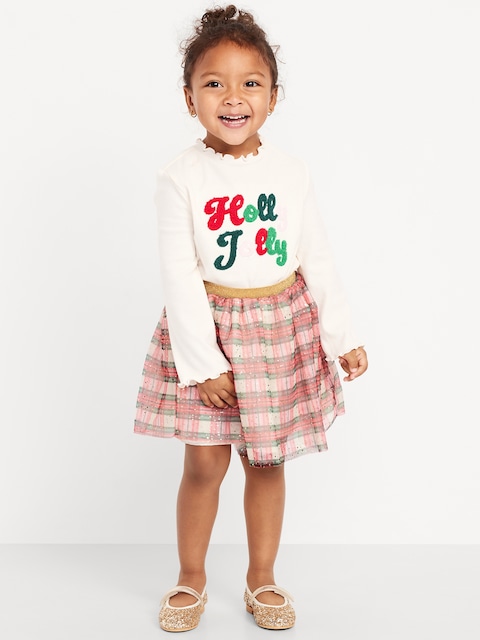 Long-Sleeve T-Shirt and Tutu Skirt Set for Toddler Girls - Red Green Plaid