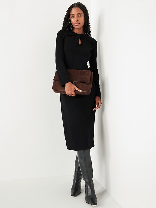 Long-Sleeve Twist-Neck Midi Dress