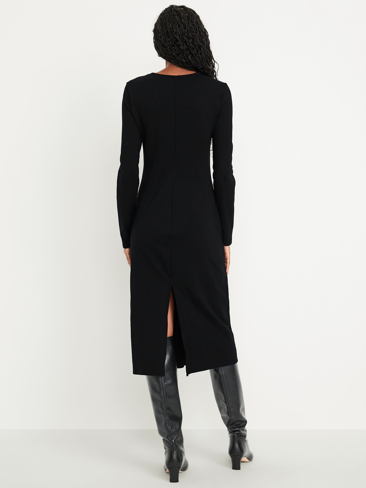 Long-Sleeve Twist-Neck Midi Dress