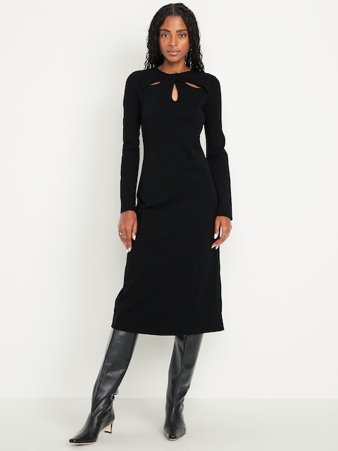 Long-Sleeve Twist-Neck Midi Dress - Black Jack
