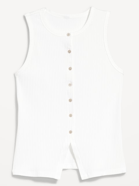 Sleeveless Button-Down Ribbed Top - White Lilies