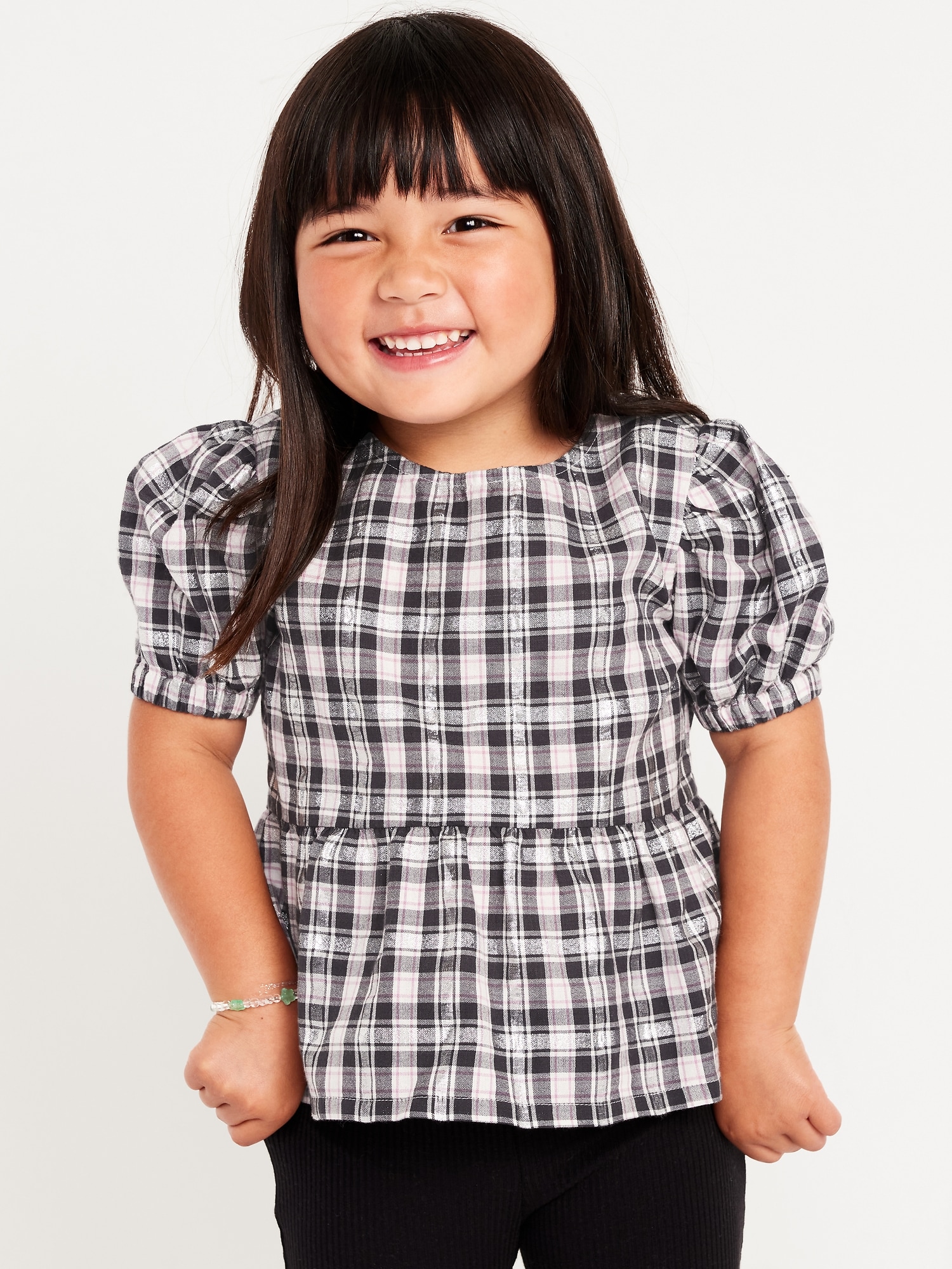 Puff-Sleeve Plaid Peplum Top for Toddler Girls