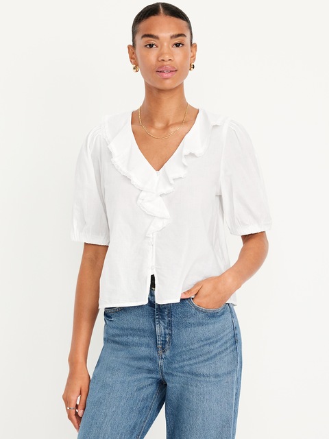 Ruffle Collar Button-Down Top
