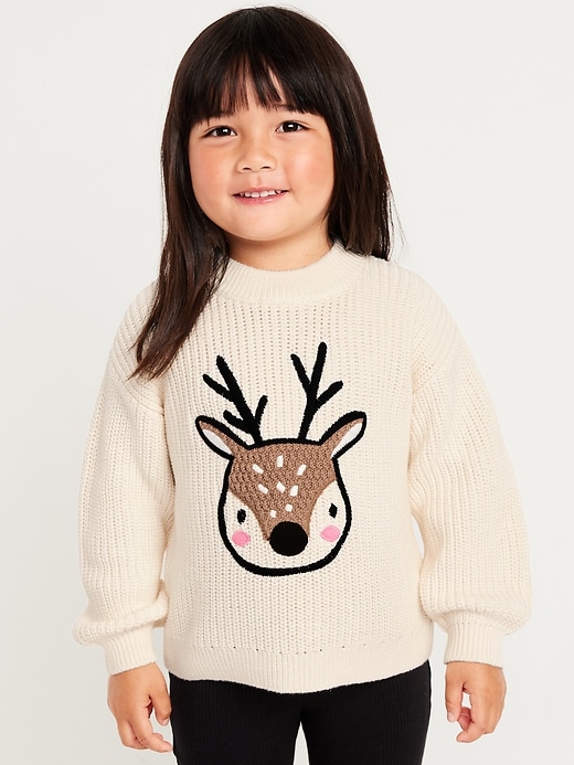 Image number 1 showing, Mock-Neck Embroidered Graphic Sweater for Toddler Girls
