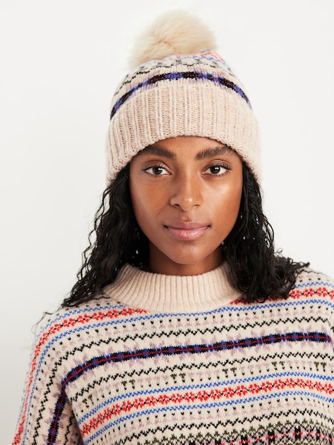 Bonnet en tricot épais pour femme - Assortiment À Motif Jacquard