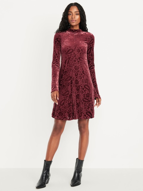 Robe courte trapèze à manches longues en velours - Cachemire Bordeaux