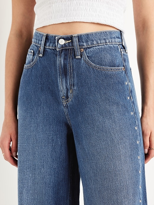 Image number 5 showing, High-Waisted Baggy Wide-Leg Studded Jeans