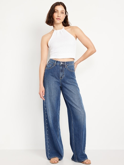 Image number 1 showing, High-Waisted Baggy Wide-Leg Studded Jeans