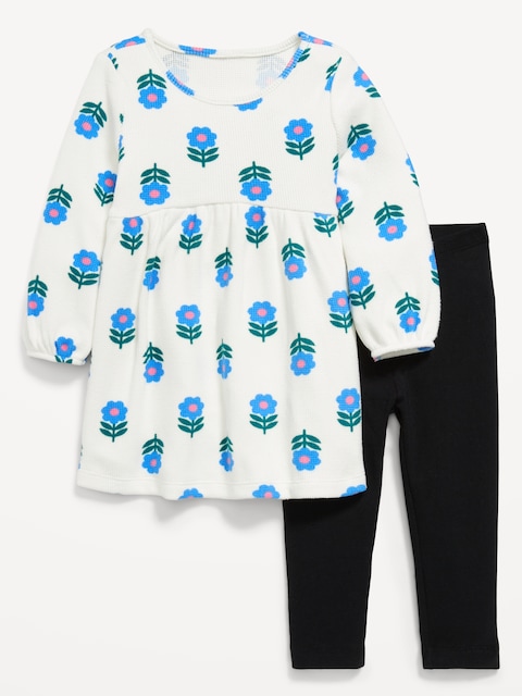Ensemble avec robe à manches longues en tricot gaufré et legging pour Toute-petite fille - Motif Floral Crème