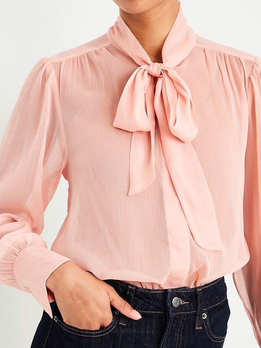 Image number 4 showing, Long-Sleeve Tie-Neck Chiffon Top