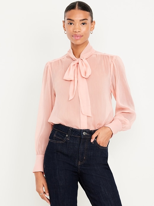 Image number 1 showing, Long-Sleeve Tie-Neck Chiffon Top
