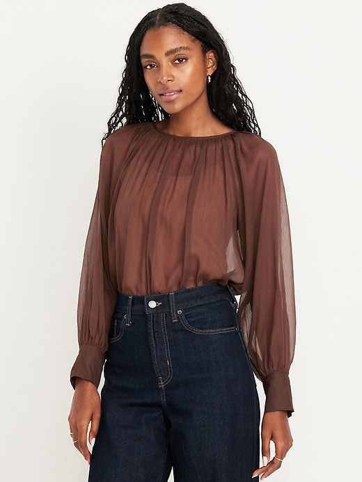 Image number 1 showing, Shirred Chiffon Long-Sleeve Top