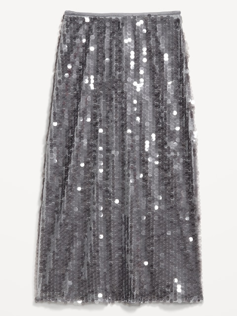 Jupe droite mi-longue à taille haute à paillettes