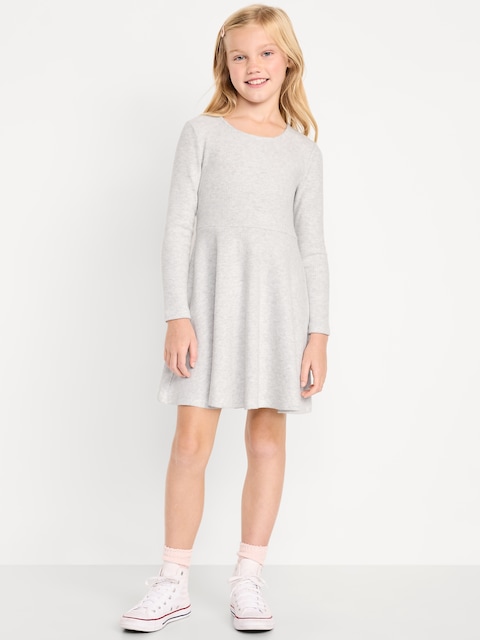 Robe douillette ajustée et évasée, côtelée et à manches longues pour fille - Gris Pâle