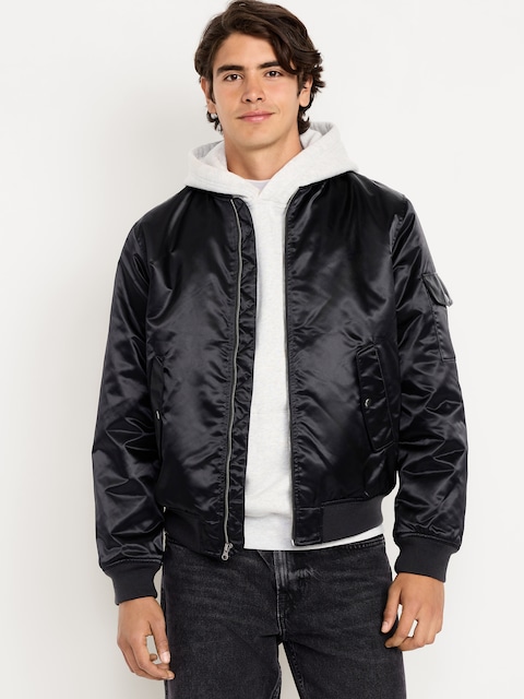 Satin Zip Utility Bomber Jacket - Black Jack