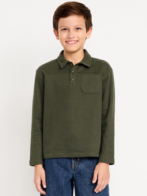 Long-Sleeve French Rib-Knit Pocket Polo Shirt for Boys - Forest Floor