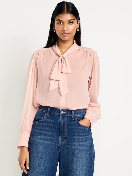 Image number 5 showing, Long-Sleeve Tie-Neck Chiffon Top