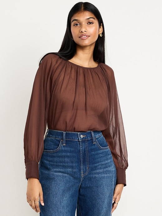 Image number 3 showing, Shirred Chiffon Long-Sleeve Top