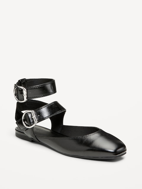 Ballerines plates à bride cheville double en similicuir pour femme - Noir De Jais
