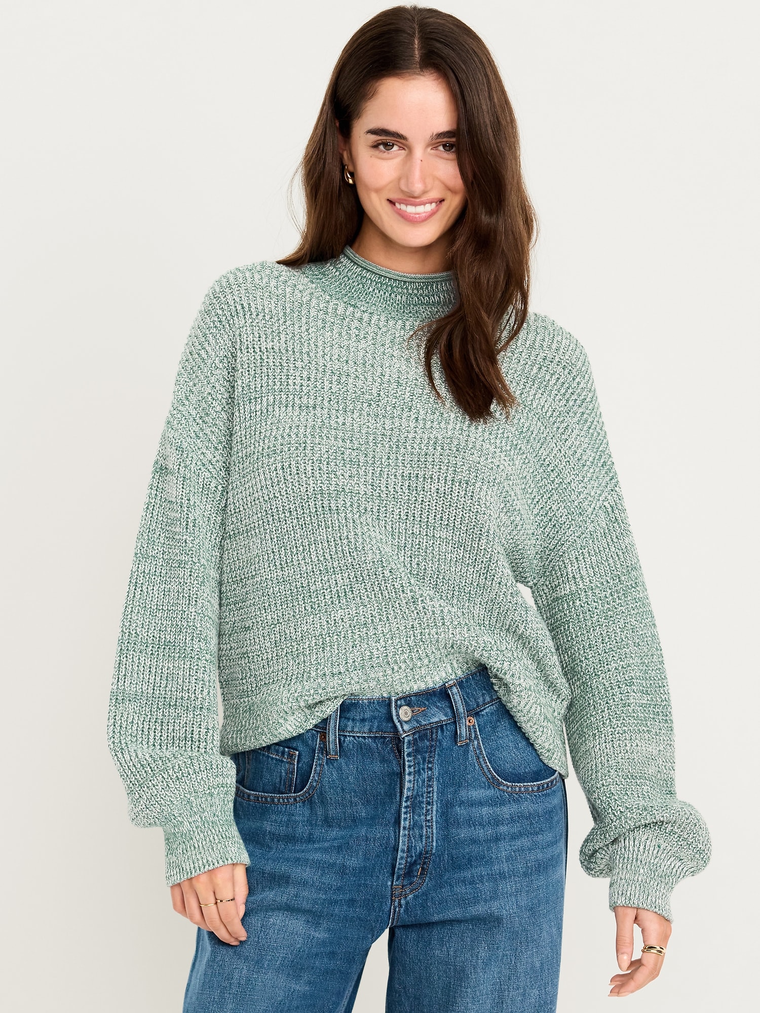 Roll-Neck Marled Seaside Cotton Sweater