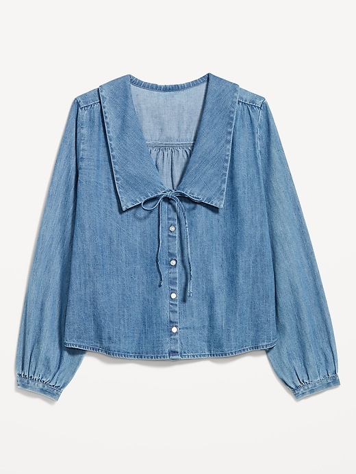 Image number 7 showing, Long-Sleeve Button-Down Cropped Denim Shirt