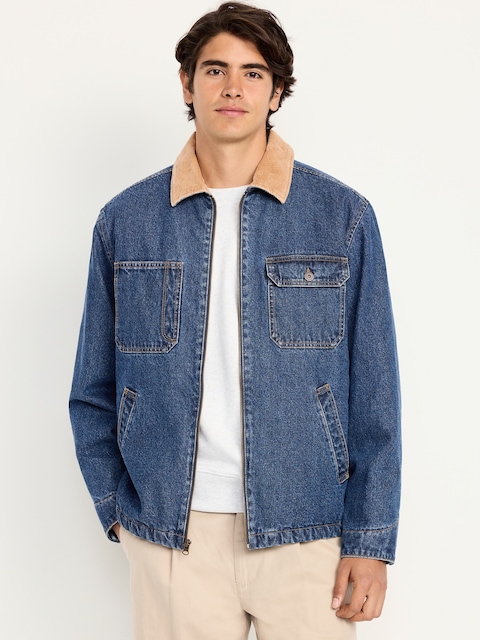 Veste de travail en denim à glissière et à doublure en sherpa