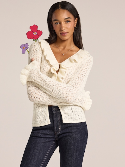 Old Navy x Anna Sui Ruffle Cardigan Sweater - Chalk Heather