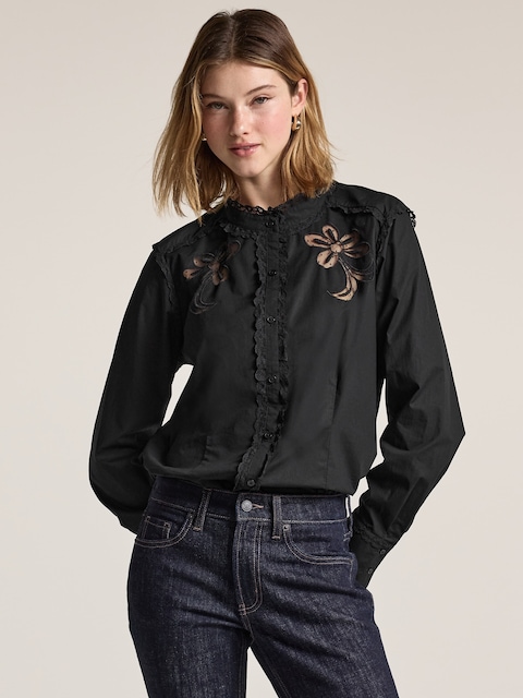Old Navy x Anna Sui Button-Down Applique Top - Black Jack
