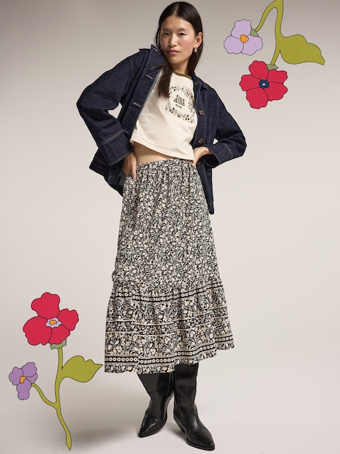 Old Navy x Anna Sui Tiered Midi Skirt - White Woodblock