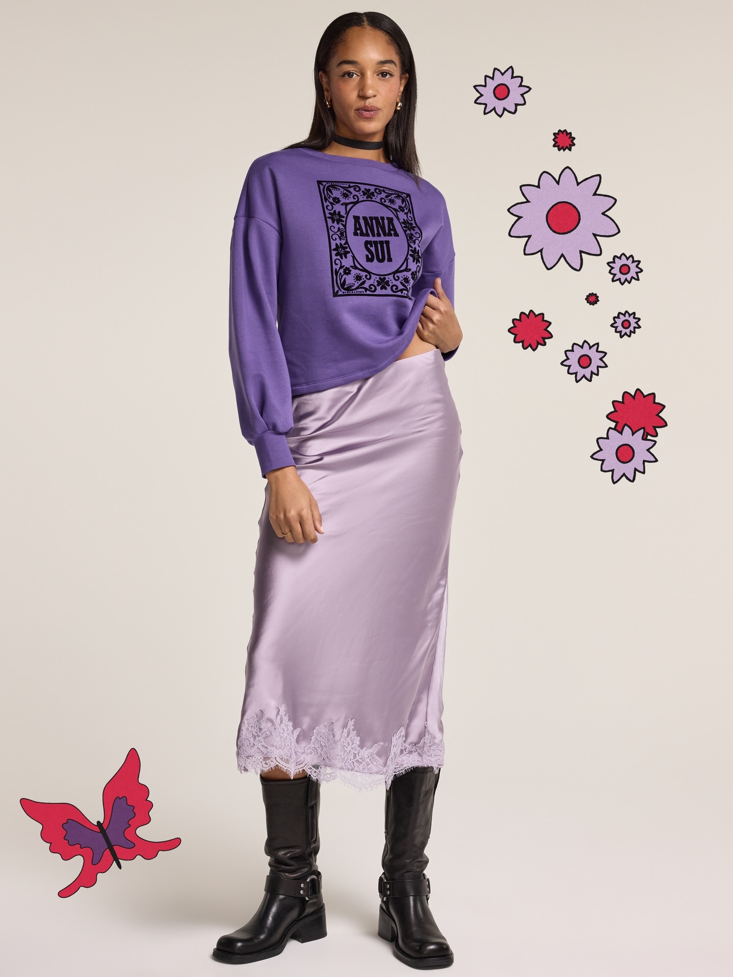 anna Old Navy x Anna Sui Satin Lace Hem Midi Skirt | Old Navy