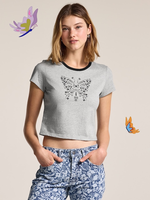 Old Navy x Anna Sui Ringer Tee - Gray Heather Medium