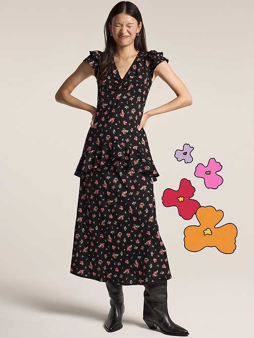 Image number 1 showing, Old Navy x Anna Sui Crepe V-Neck Ruffle Maxi Dress