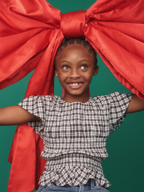 Haut à smocks à manches courtes et à carreaux pour fille