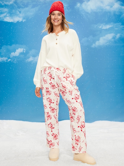 Pantalon de pyjama à taille mi-basse en flanelle à motif pour femme - Père Noël Et Renne (Motif Assorti Pour La Famille!)