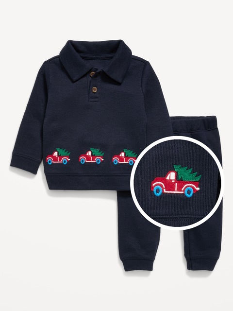 Long-Sleeve Collared Ribbed Top and Pants Set for Baby - In The Navy