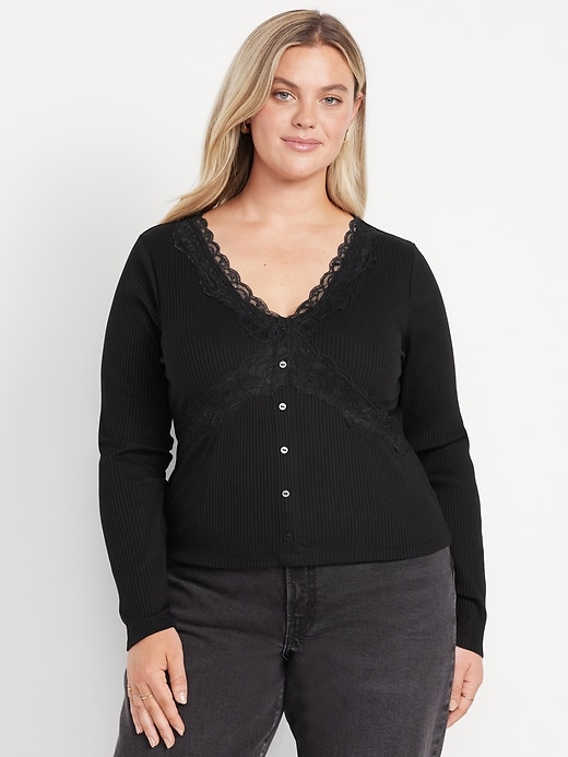 Image number 8 showing, Lace-Trim V-Neck Ribbed Top