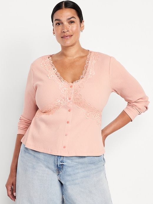 Image number 8 showing, Lace-Trim V-Neck Ribbed Top