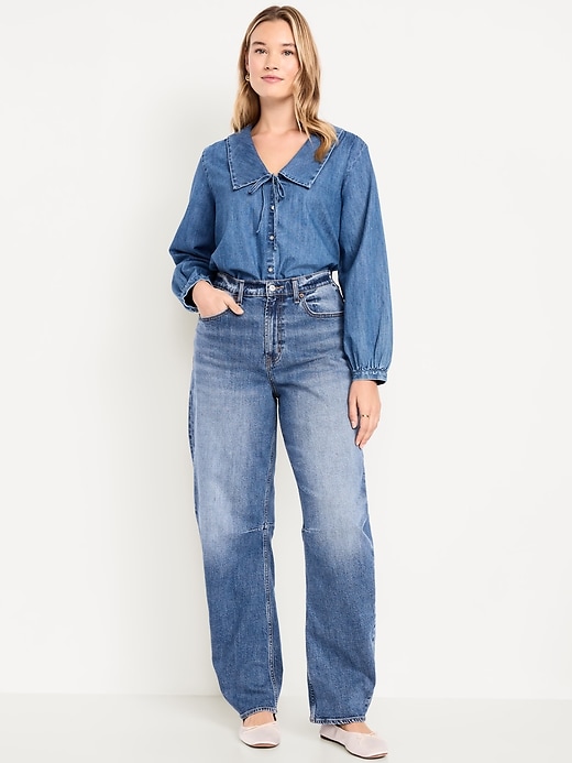 L'image numéro 5 présente Jean coupe généreuse baril à taille haute longueur cheville