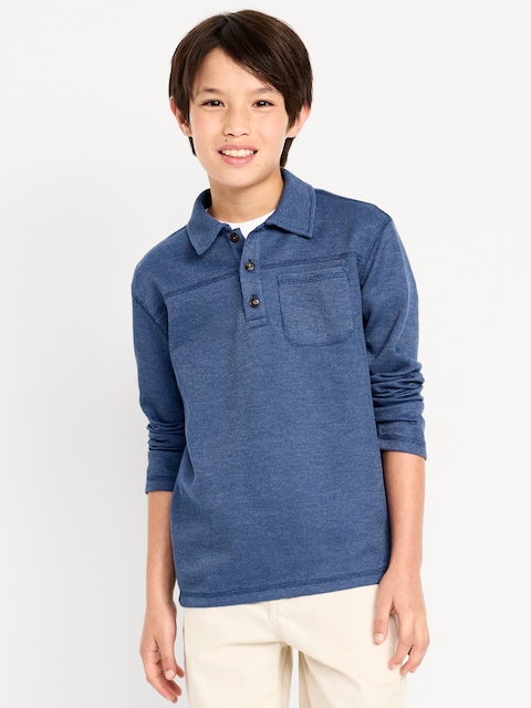 Long-Sleeve French Rib-Knit Pocket Polo Shirt for Boys - Pacific Blue